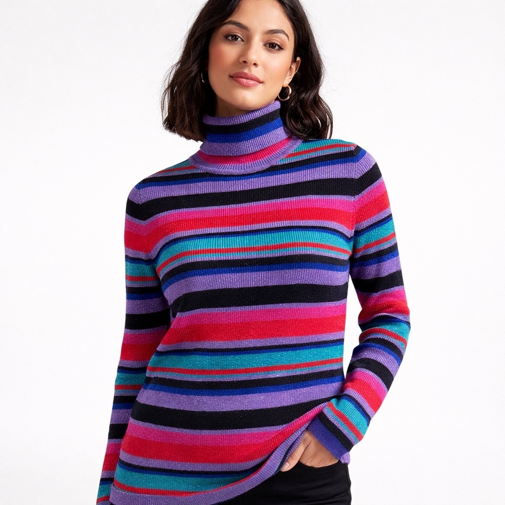 Anthropologie Lili Sidonio Sparkly Striped Turtleneck Sweater XL Multicolor